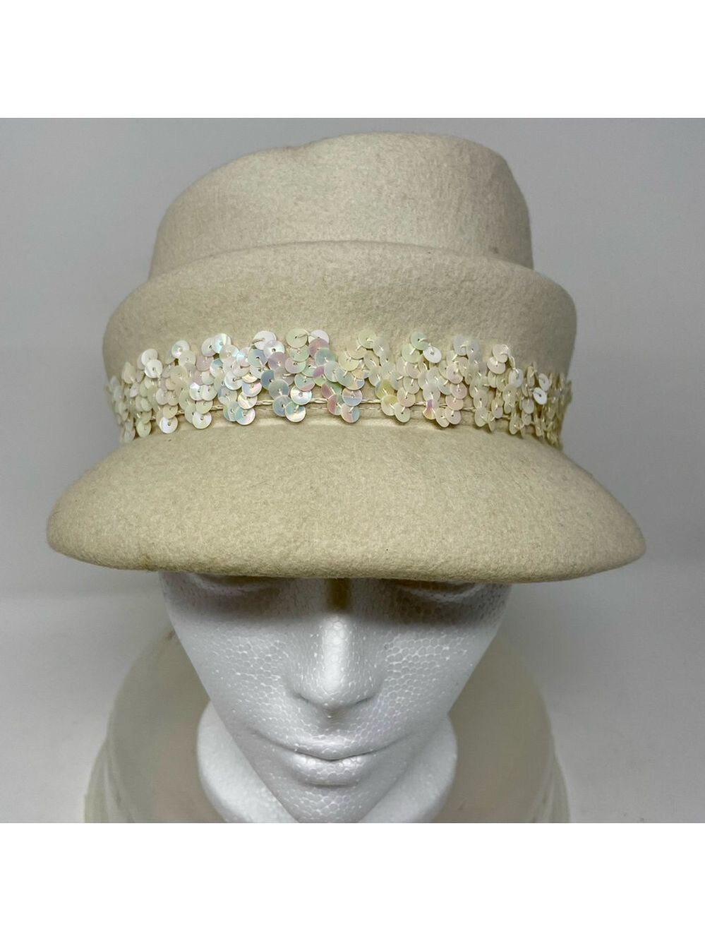 Vintage Cream Women's Wool Felted Hat with Sequin Band